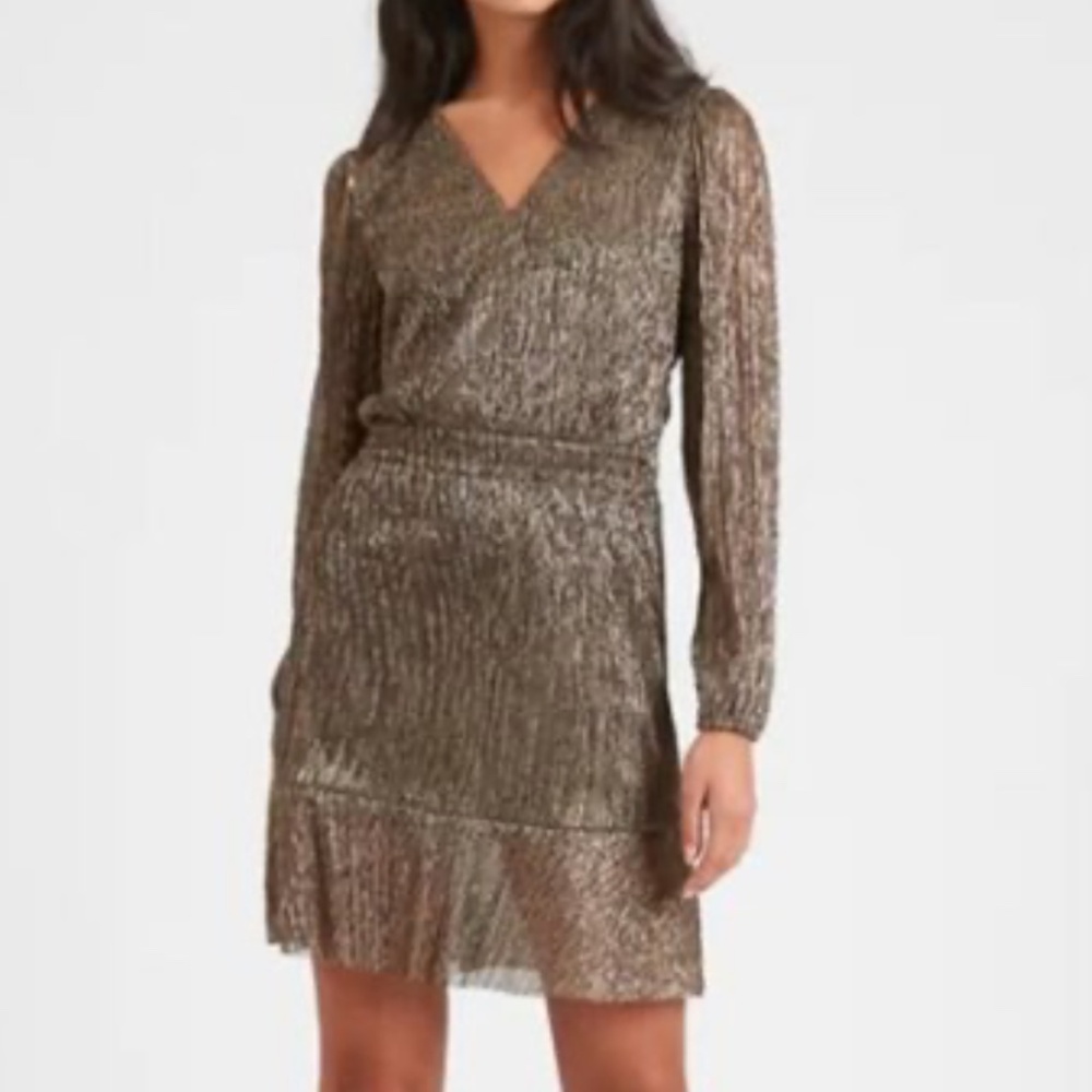 Banana Republic Metallic Bronze Long-Sleeve V-Neck Dress